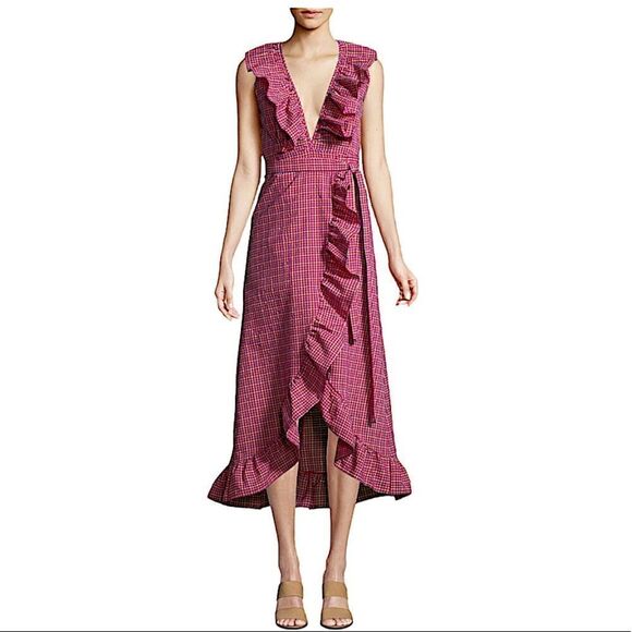 MISA Los Angeles Stella Gingham-Print Draped Ruffle Midi Wrap Dress Pink - Picture 4 of 16
